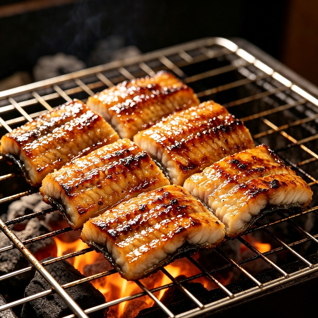 Whole black eel with glossy dark skin on a slate surface