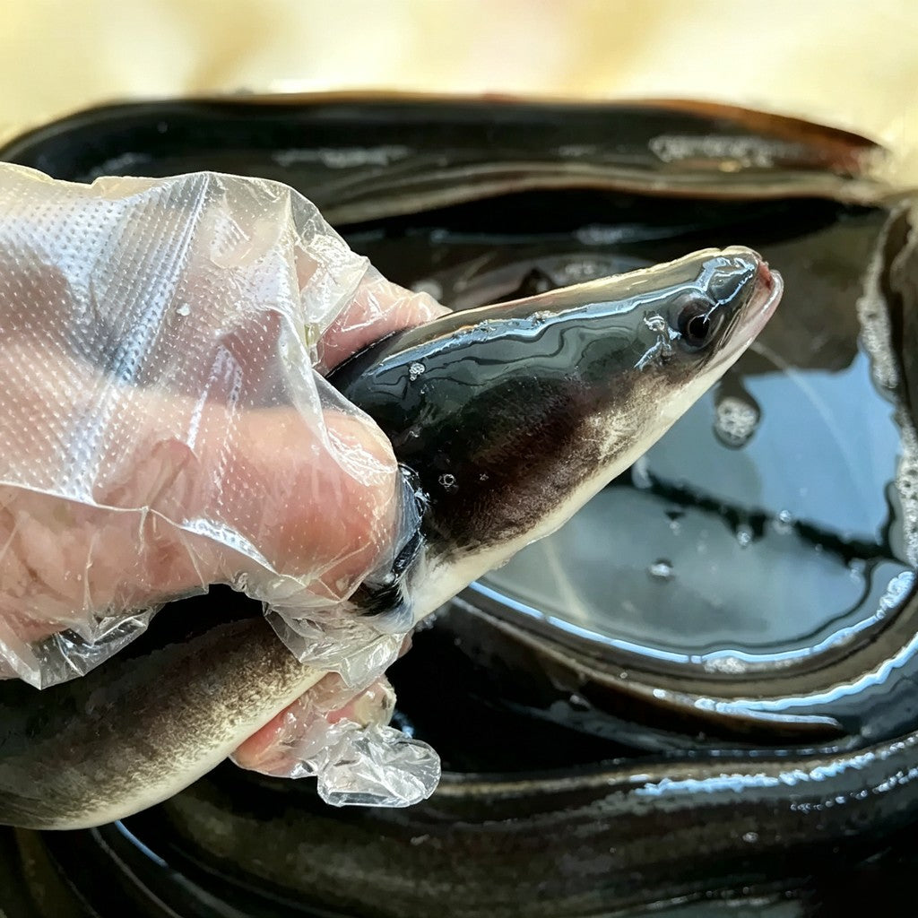 Eel cut into sections showing firm white flesh