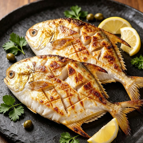 Golden pomfret with yellow fins on a white studio background