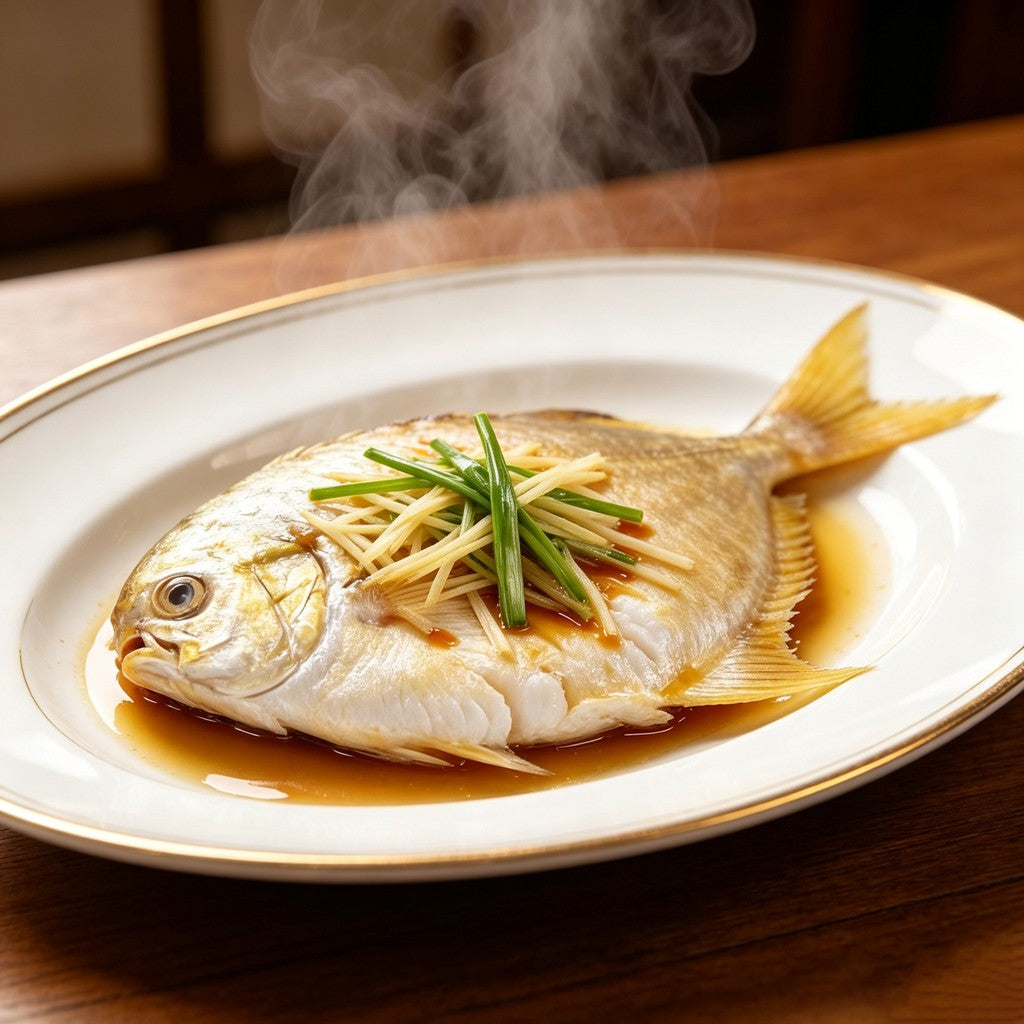 Whole pomfret showing silvery-gold skin and clean cavity