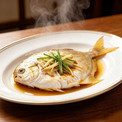 Whole pomfret showing silvery-gold skin and clean cavity