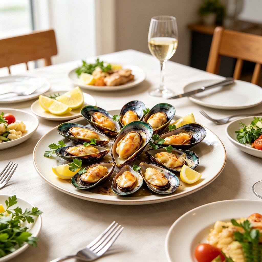 Opened mussel showing plump orange meat inside the shell