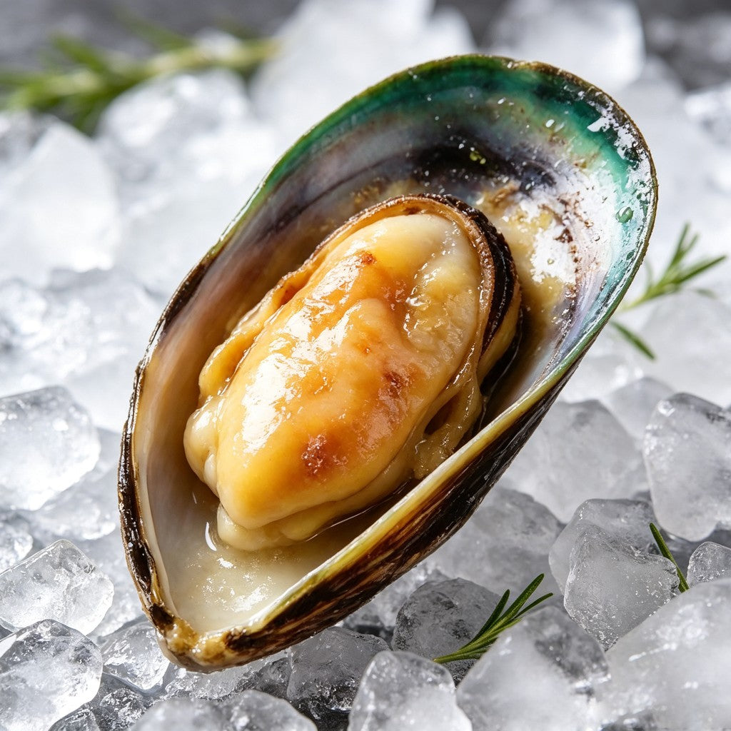 Cluster of shell-on mussels with dark green edges