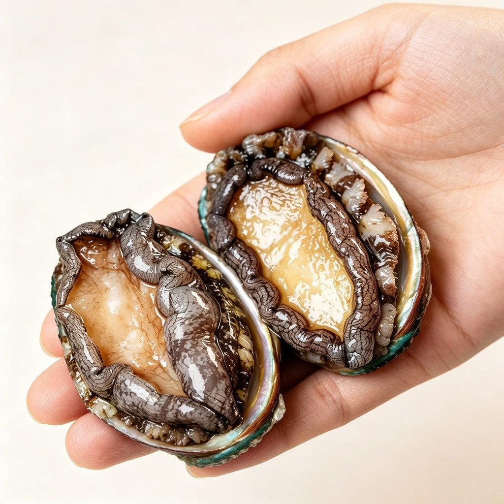 Whole abalone with iridescent shell on a light studio surface