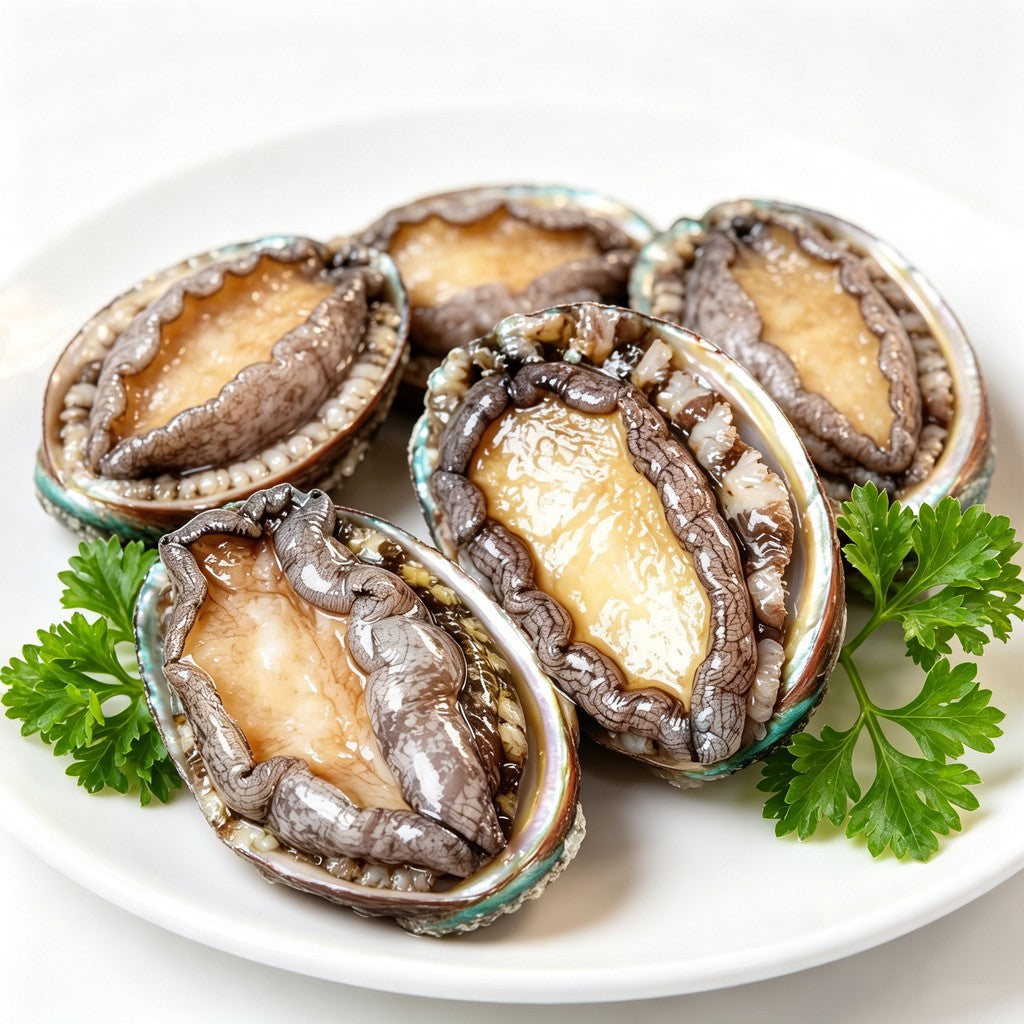 Three whole abalone arranged side by side with shells intact