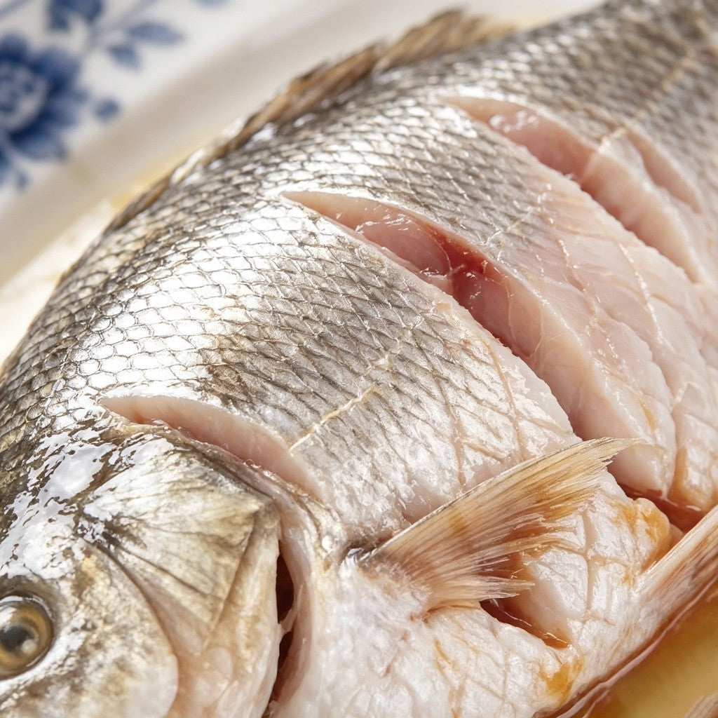 Whole sea bass with silvery skin on a clean white background