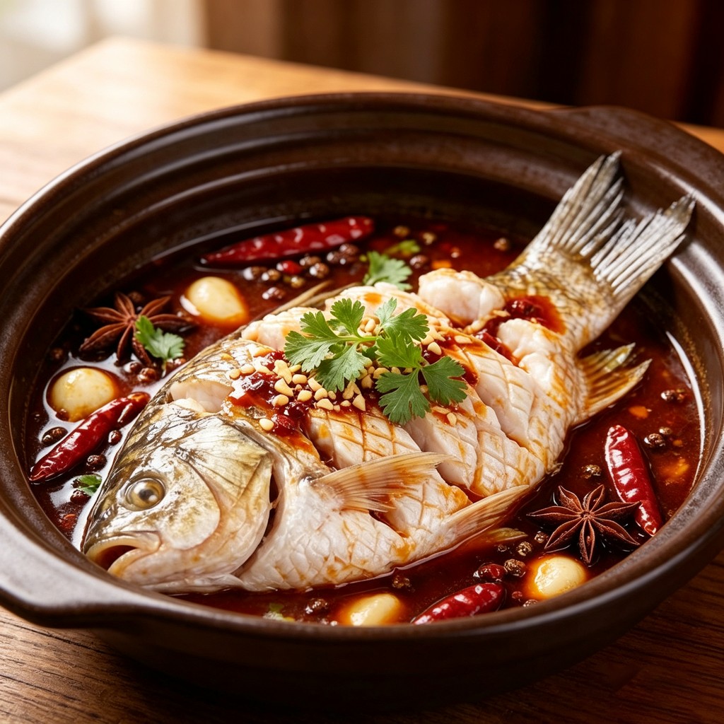 Side view of a scored sea bass ready for steaming