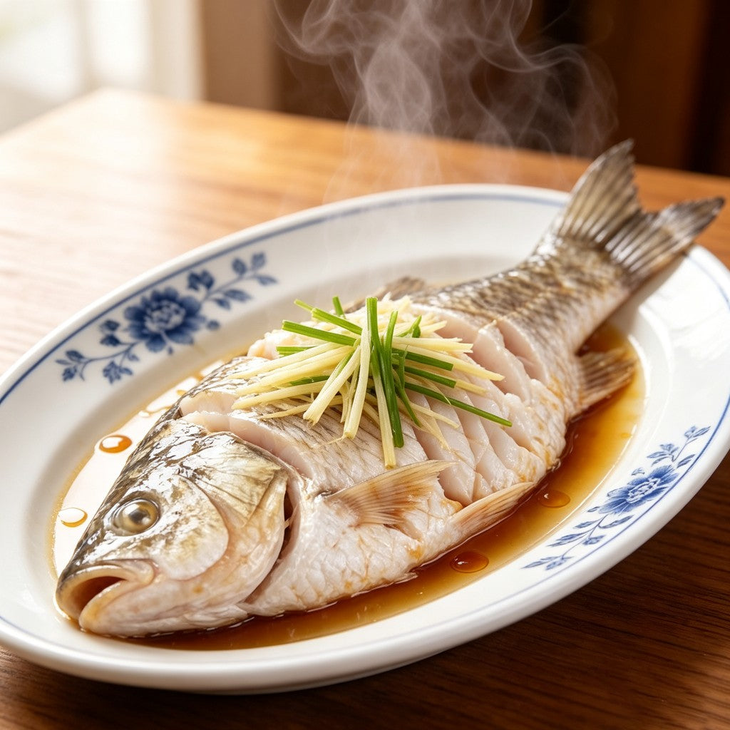 Sea bass on a plate garnished with ginger and scallion