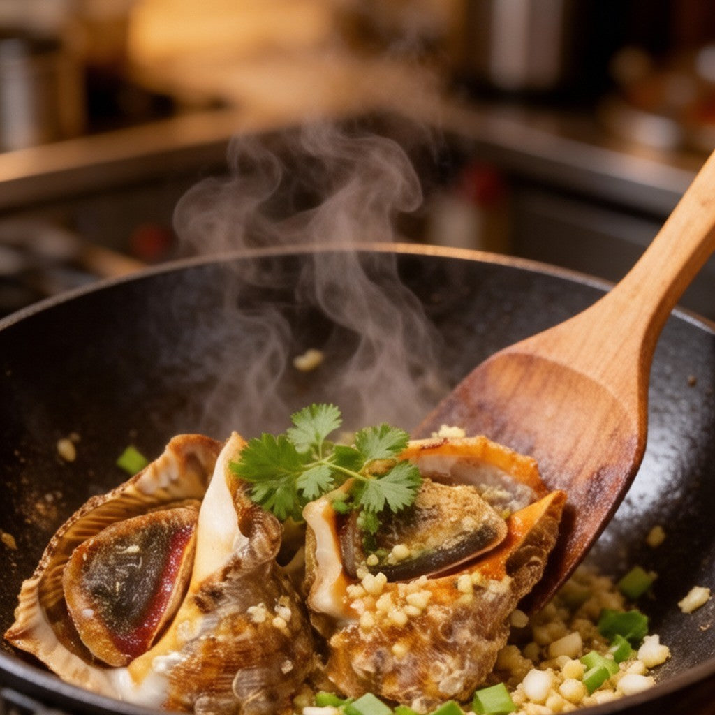 Large conch meat stir-fried with garlic and chilli in a dark bowl