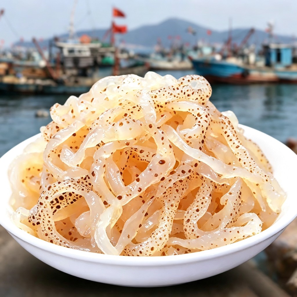 Translucent jellyfish strips with speckled markings in a bowl