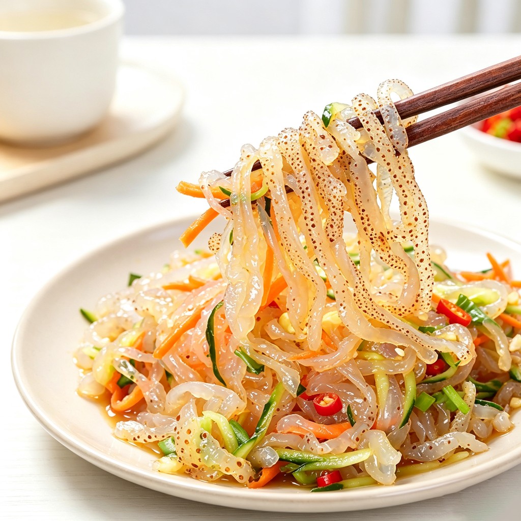 Chilled jellyfish salad tossed with cucumber and sesame