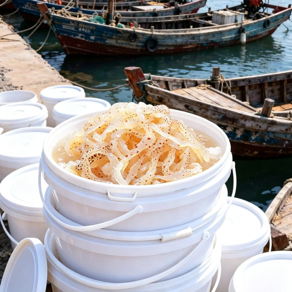 Close view of brine-preserved jellyfish strips