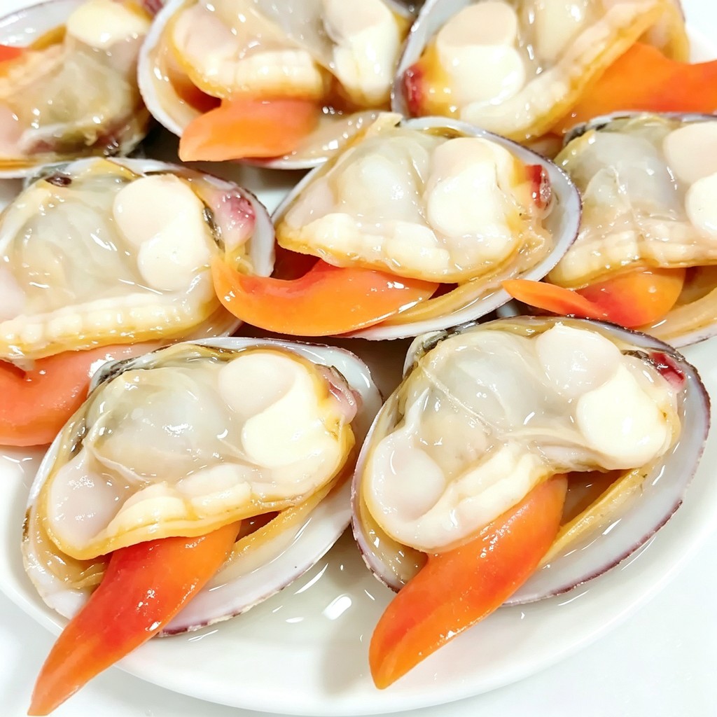 Single opened clam showing plump sweet meat inside the shell